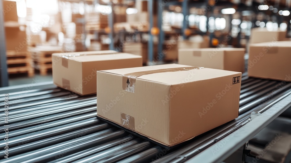 Automated tracking of stock movement in warehouse, selective focus, industrial theme, vibrant, manipulation, conveyor belt backdrop Automated tracking of stock movement in warehouse, selective focus, industrial theme, vibrant, manipulation, conveyor belt backdrop