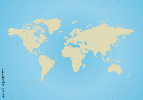 World map, with all country borders in dark grey color and blue background