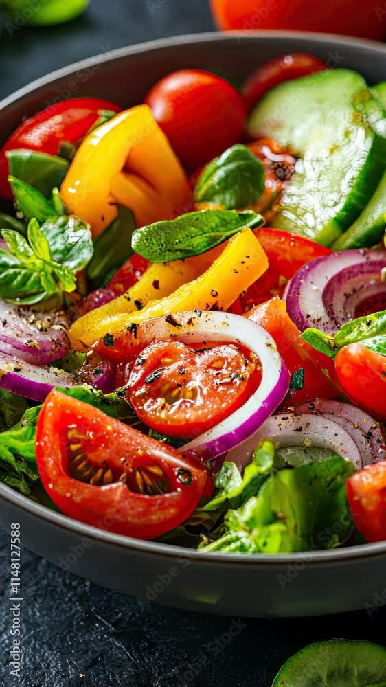 Colorful Salad with Fresh Vegetables Tomatoes vertical video Colorful Salad with Fresh Vegetables Tomatoes vertical video