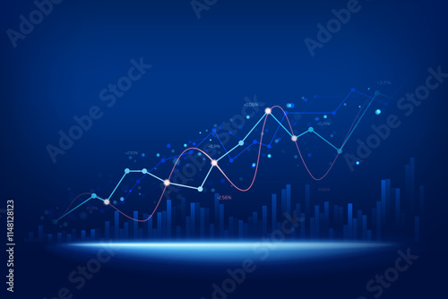 stock market growing up with different indicators on blue background, business financial growth