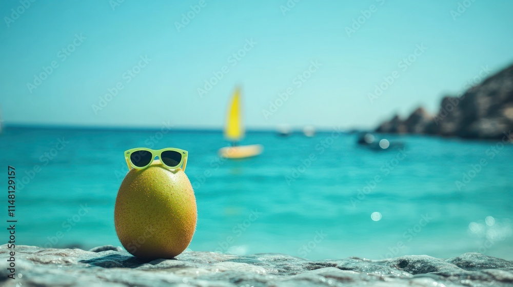 Obraz premium Mango wearing sunglasses on beach.