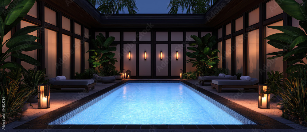 Fototapeta premium Modern villa with lights at night, Villa with swimming pool