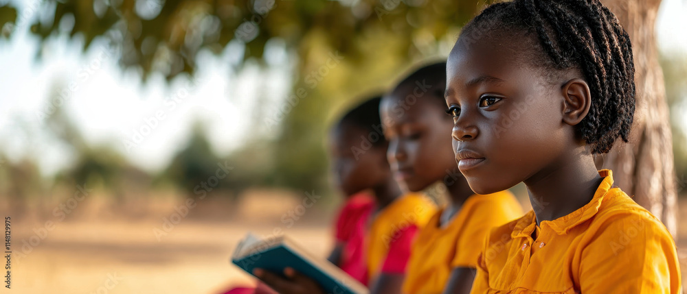 African girls reading together under a tree. Education concept. African girls reading together under a tree. Education concept.