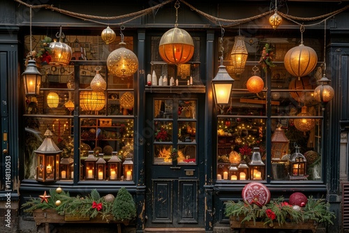 Charming lantern display in a quaint shop during the festive season in a historic town photo