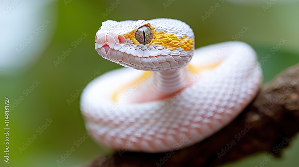 Fototapeta premium Close-up of a pale pink and yellow snake coiled on a branch.