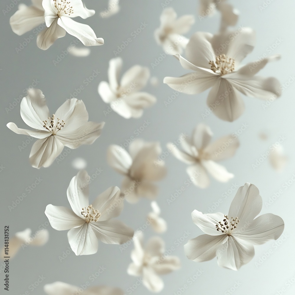 Fototapeta premium Delicate White Flowers Falling Gracefully Against a Soft Grey Backdrop