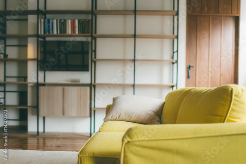 Modern Living Room with Yellow Sofa and Wooden Shelving