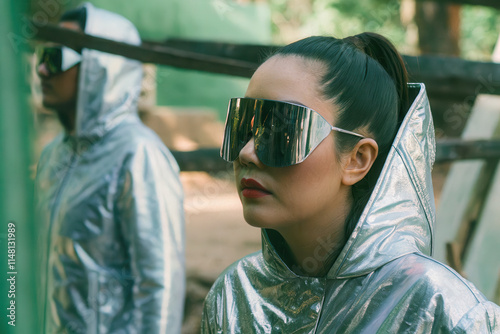 Futuristic Fashion with Metallic Outfits and Reflective Sunglasses Outdoors