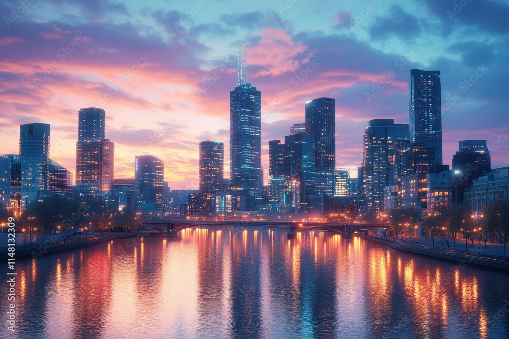Fototapeta premium Vibrant skyline of a bustling city at sunset reflecting on the calm waters of the river