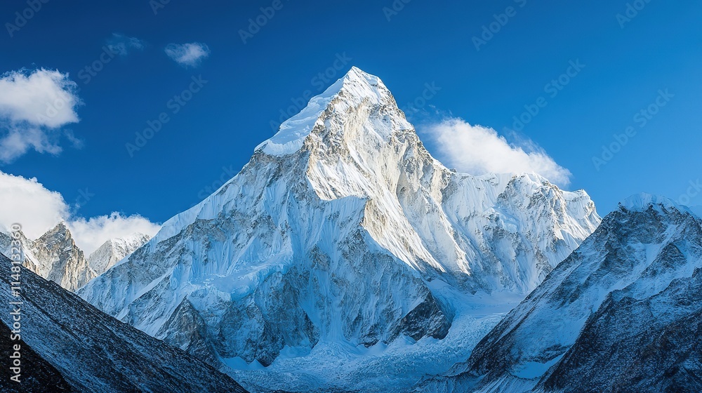 Fototapeta premium Majestic Triangular Mountain with Smooth Terrain, Darker Base, and Snow-Capped Summit in the Foreground