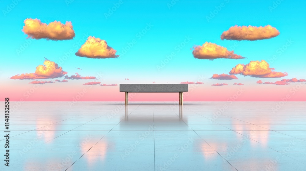 Fototapeta premium Serene Minimalist Bench Pastel Sky Cloudscape Horizon