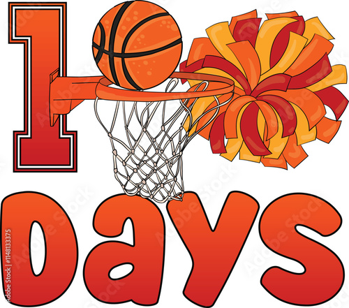  100 Days of School Basketball with Basketball Ring Hoop and Cheerleader Pom Poms. Art & Illustration