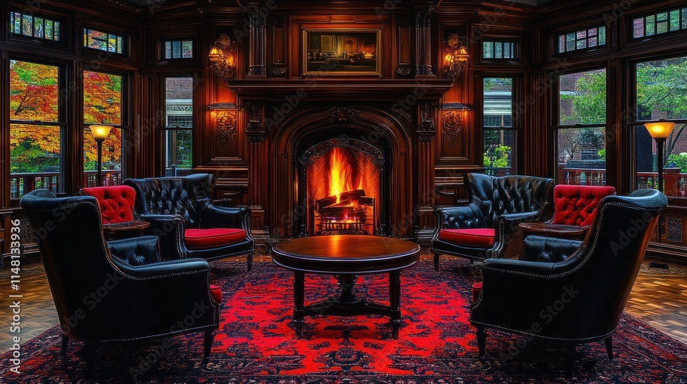 Obraz premium Cozy autumn fireplace room with leather chairs and red rug.