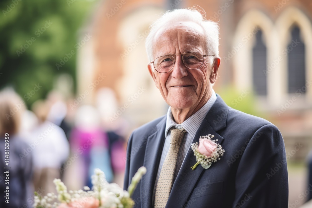 Elderly man in a suit with a bouquet of flowers Elderly man in a suit with a bouquet of flowers