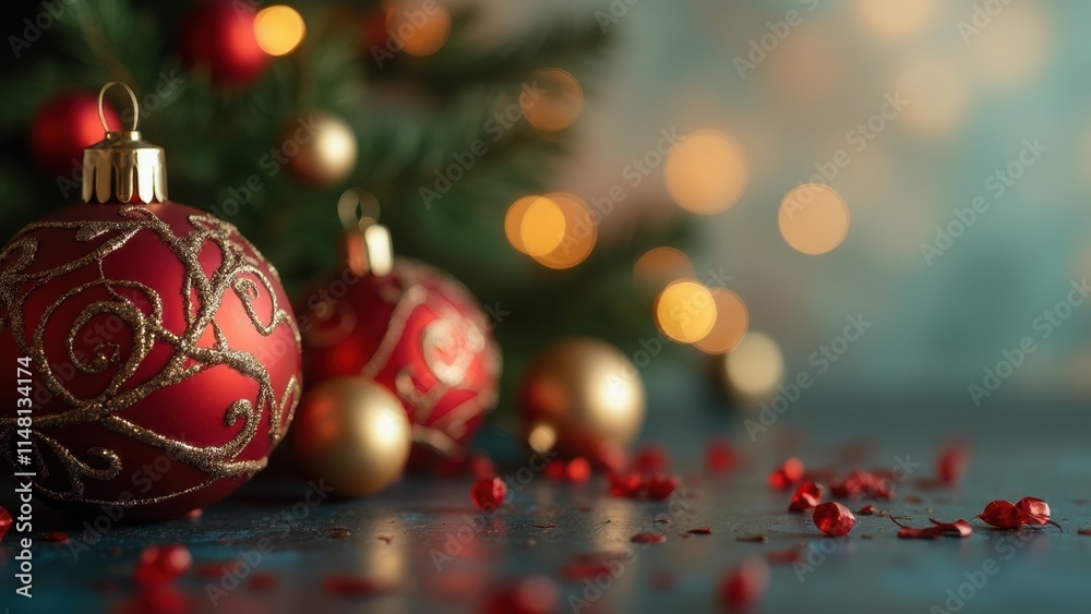 Fototapeta premium Celebrate the Joyful Season With Decorative Ornaments and Festive Ambiance