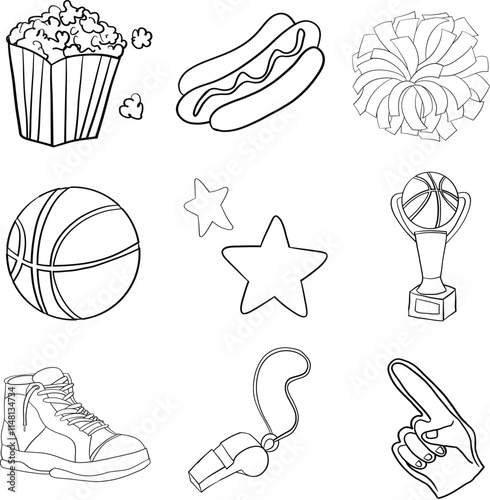 Set of Basketball Game: Basketball Shoes, Cheerleader Pom Poms, Hot Dog, Popcorn, Basketball Trophy, Star, Referee Whistle, Cheer Gloves, Foam Fingers, Basketball. Art & Illustration
