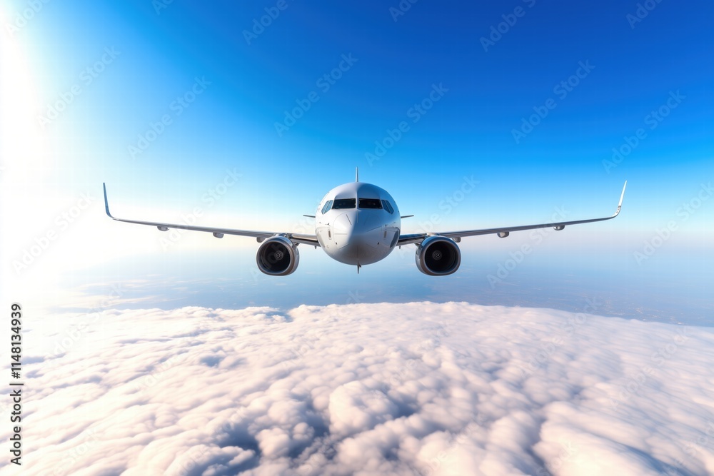 Fototapeta premium A commercial airplane flying above the clouds with a clear blue sky in the background.