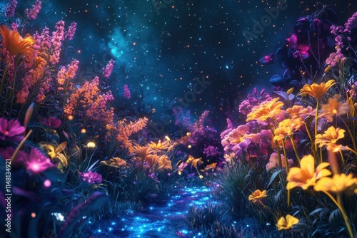 Colorful fantasy garden with glowing pathway under a starry night sky