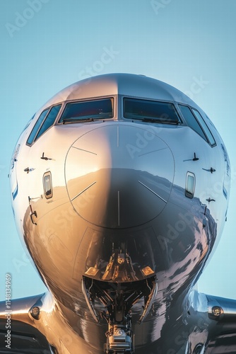 A close-up view of a modern airplane's nose, showcasing its sleek design and reflective surface against a clear blue sky. photo