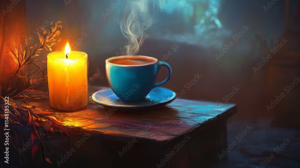 A steaming cup of coffee sits beside a glowing candle on a rustic table, creating a cozy and inviting atmosphere. A steaming cup of coffee sits beside a glowing candle on a rustic table, creating a cozy and inviting atmosphere.