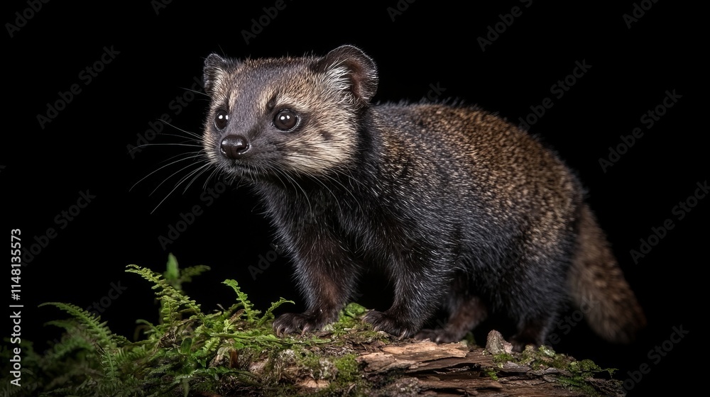 Obraz premium Nocturnal Binturong Posing on Mossy Log in Darkness
