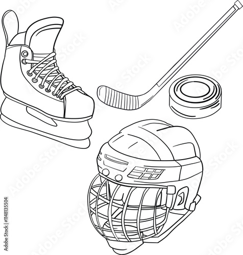 Set of Air Hockey Players: Helmet, Skates, Stick, Hockey Puck. Art & Illustration