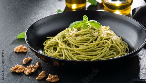 spaghetti al pesto, in a black dish, AI generated photo