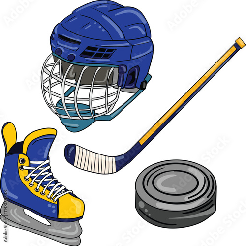 Set of Air Hockey Players: Helmet, Skates, Stick, Hockey Puck. Art & Illustration
