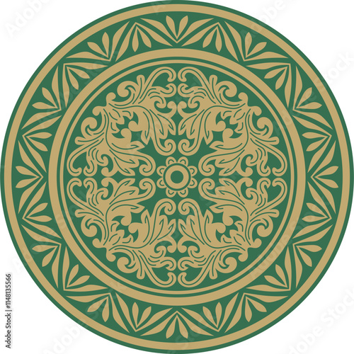 Vector gold with green round classic byzantine ornament. Circle, ring, border, Ancient Greece, Eastern Roman Empire frame. Decoration of the Russian Orthodox Church