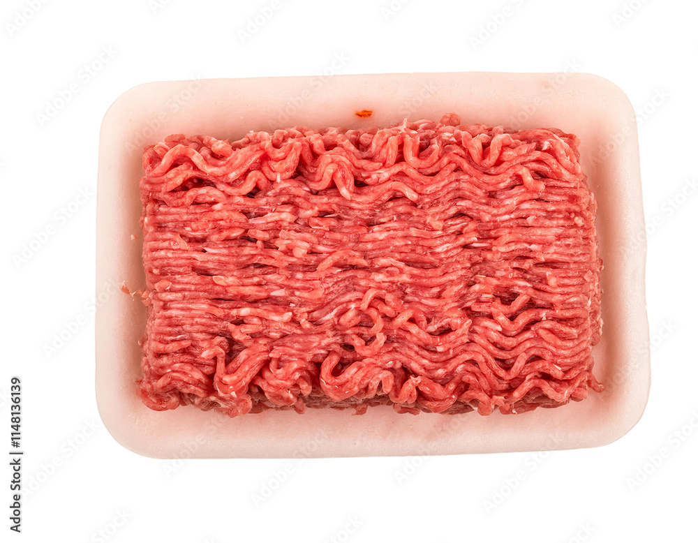 Fresh minced meat in styrofoam packaging on transparent background Fresh minced meat in styrofoam packaging on transparent background