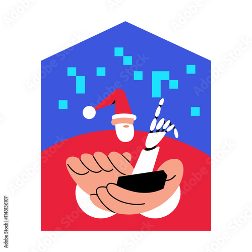 Santa gamer playing video games with AI at home, holding controller. Flat vector illustration.