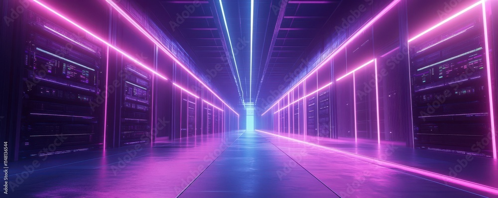 An industrial data server warehouse with neon light trails, futuristic digital tech concepts, data networks and connections, as well as internet communications, powered by generative stock. An industrial data server warehouse with neon light trails, futuristic digital tech concepts, data networks and connections, as well as internet communications, powered by generative stock.