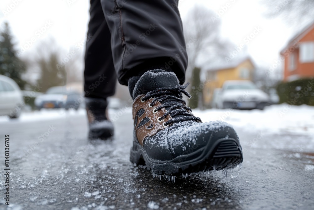 A close-up view of a person's sturdy snow boots as they navigate a slippery icy sidewalk, capturing the essence of wintertime activities and outdoor adventure safety. A close-up view of a person's sturdy snow boots as they navigate a slippery icy sidewalk, capturing the essence of wintertime activities and outdoor adventure safety.