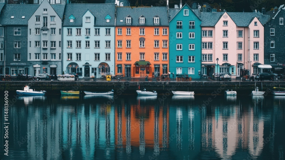 Fototapeta premium Colorful waterfront houses reflected in calm water.