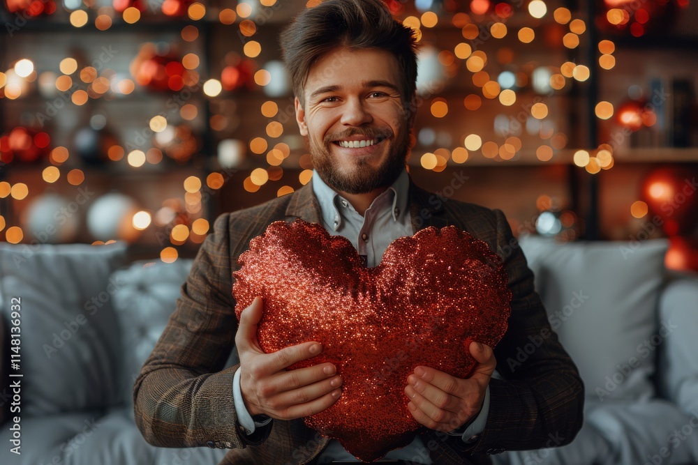 Naklejka premium Man holding a red heart-shaped pillow in a cozy, decorated room illuminated by warm lights during a festive celebration