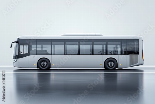 A modern, sleek white bus with large windows, set against a minimalistic background. The bus features a streamlined design and is positioned on a reflective surface.