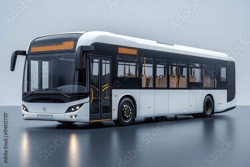 A modern city bus with a sleek design, featuring a white exterior with black and orange accents. The bus has large windows and is shown in a minimalistic studio setting.