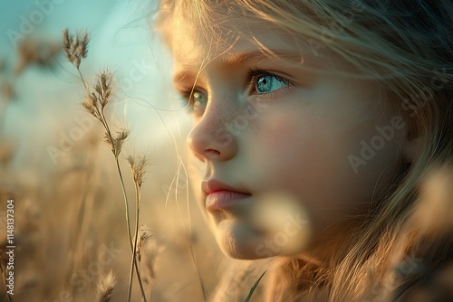 Young Girl with Blonde Hair Gazing into the Distance photo