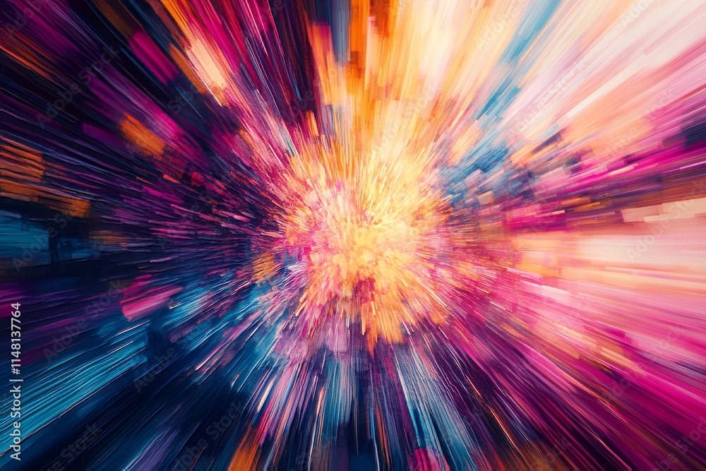 Obraz premium Dynamic abstract image featuring vibrant, colorful light streaks radiating outward, creating an energetic and modern digital art effect.