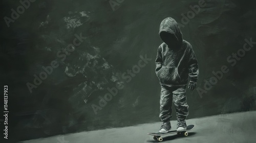 A hooded child stands on a skateboard against a dark, textured wall.