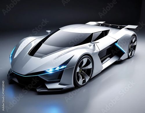 Sleek Silver Futuristic Sports Car in Studio Setting, Generative AI