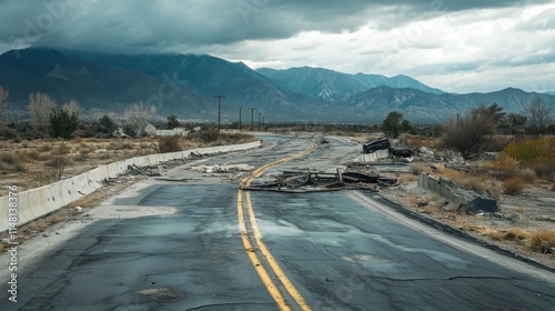 Desolate Mountain Road Wreckage, Destruction, and Stormy Sky