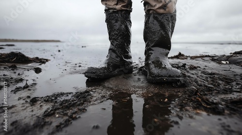 Volunteer cleaning up oil spill on beach wearing rubber boots