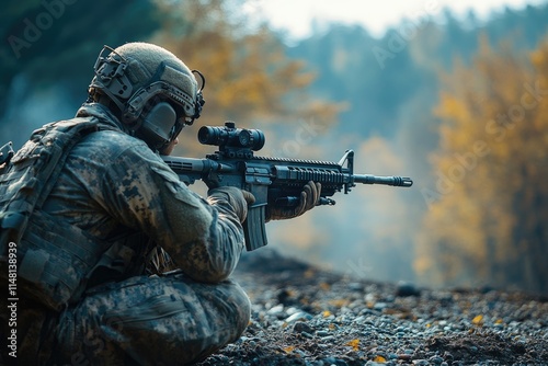 Soldier aiming with assault rifle in forest during military operation photo