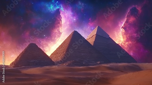 Colorful Galaxy Sky Over the Egyptian Pyramids in Desert. AI generated illustration