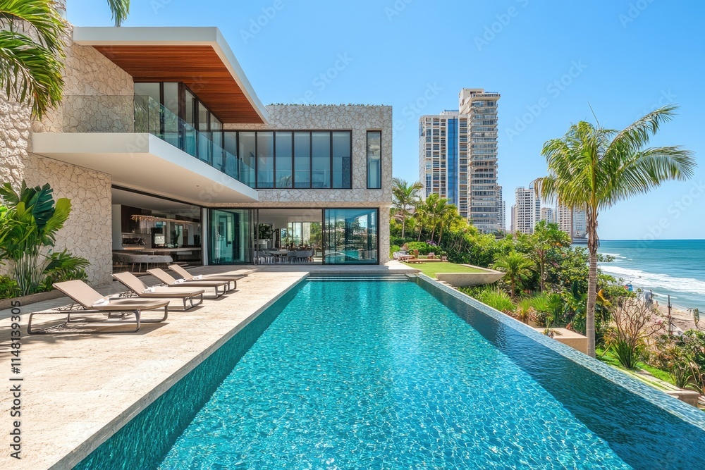 Fototapeta premium Luxurious beachfront villa with infinity pool overlooking tropical ocean