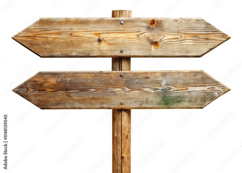 Fototapeta premium A clear white directional road sign with arrows guides travelers, indicating pathway choices and landmarks for navigation.