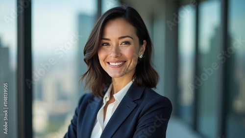 confident businesswoman warm smile. She stands by a window with a soft city skyline in the background, exuding professionalism.