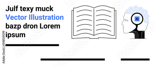 Open book with text lines, human head with a brain featuring a chip labeled AI. Ideal for education, technology, artificial intelligence, learning, research, academic projects. Landing page