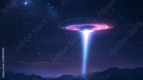 UFO Alien Spacecraft Flying in Starry Sky with Light Beam: Cartoon Style. AI generated illustration